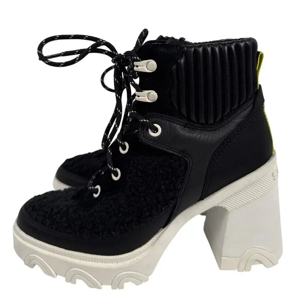 Sorel Brex‎ Heel Cozy Lace Bootie Womens 6.5 Black Leather Faux Shearling